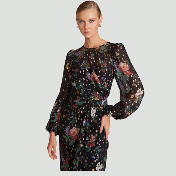 AMUR Sabine Drape Dress | Front Slit | Black | Floral | Sheer | Size 10 - Picture 3 of 16